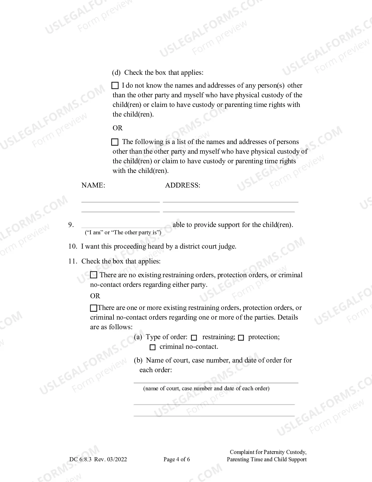 Preview Complaint for Paternity, Custody, Parenting Time, and Child Support