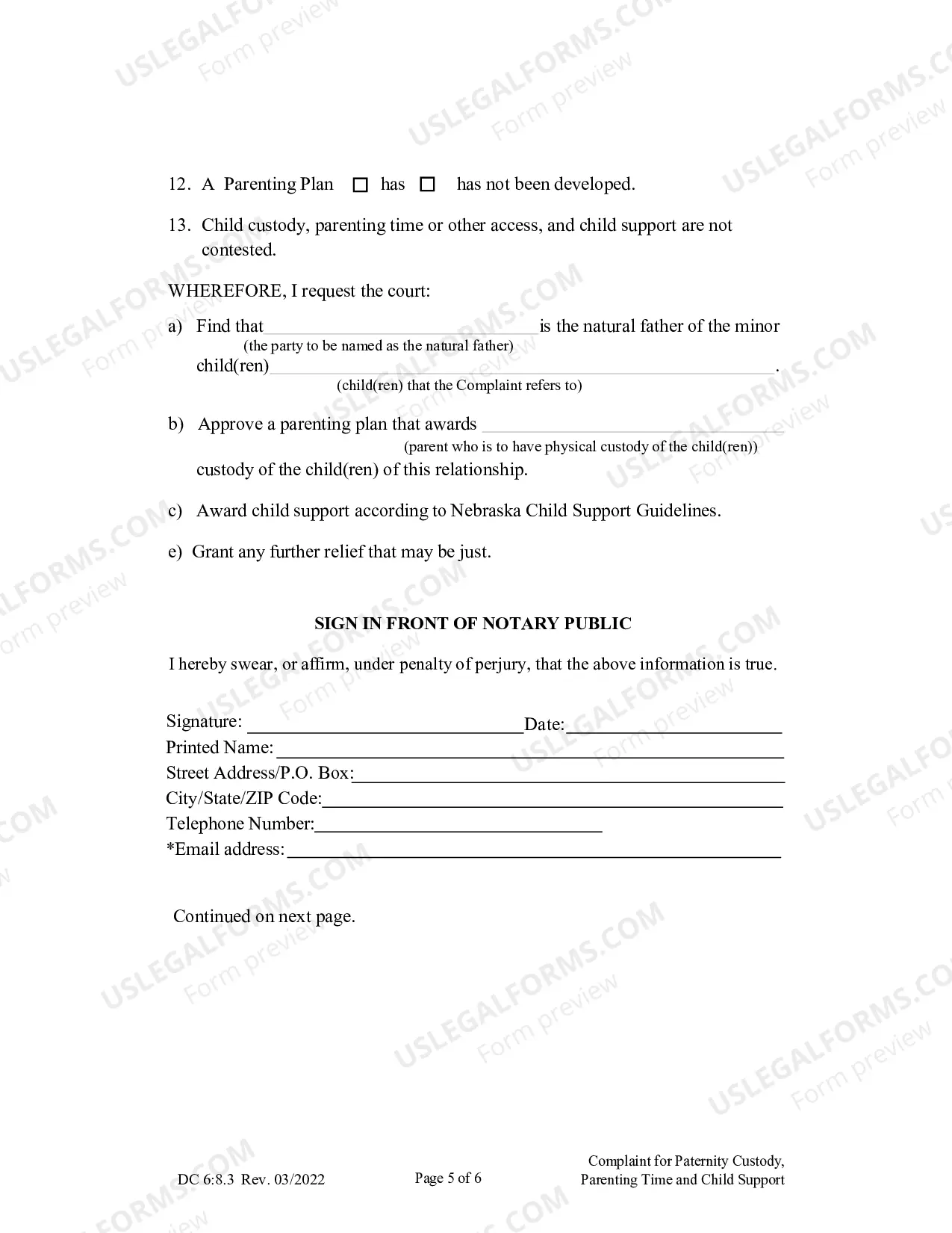 Preview Complaint for Paternity, Custody, Parenting Time, and Child Support