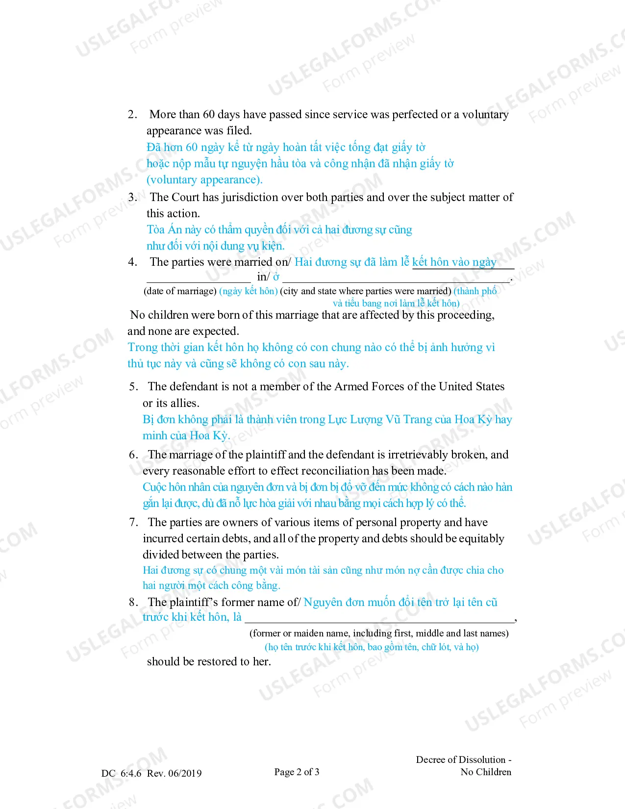 Preview Decree of Dissolution - No Children (Vietnamese)