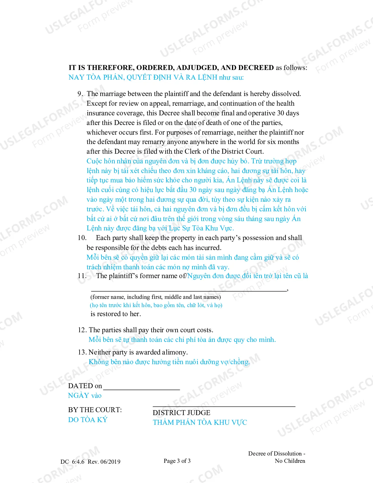 Preview Decree of Dissolution - No Children (Vietnamese)