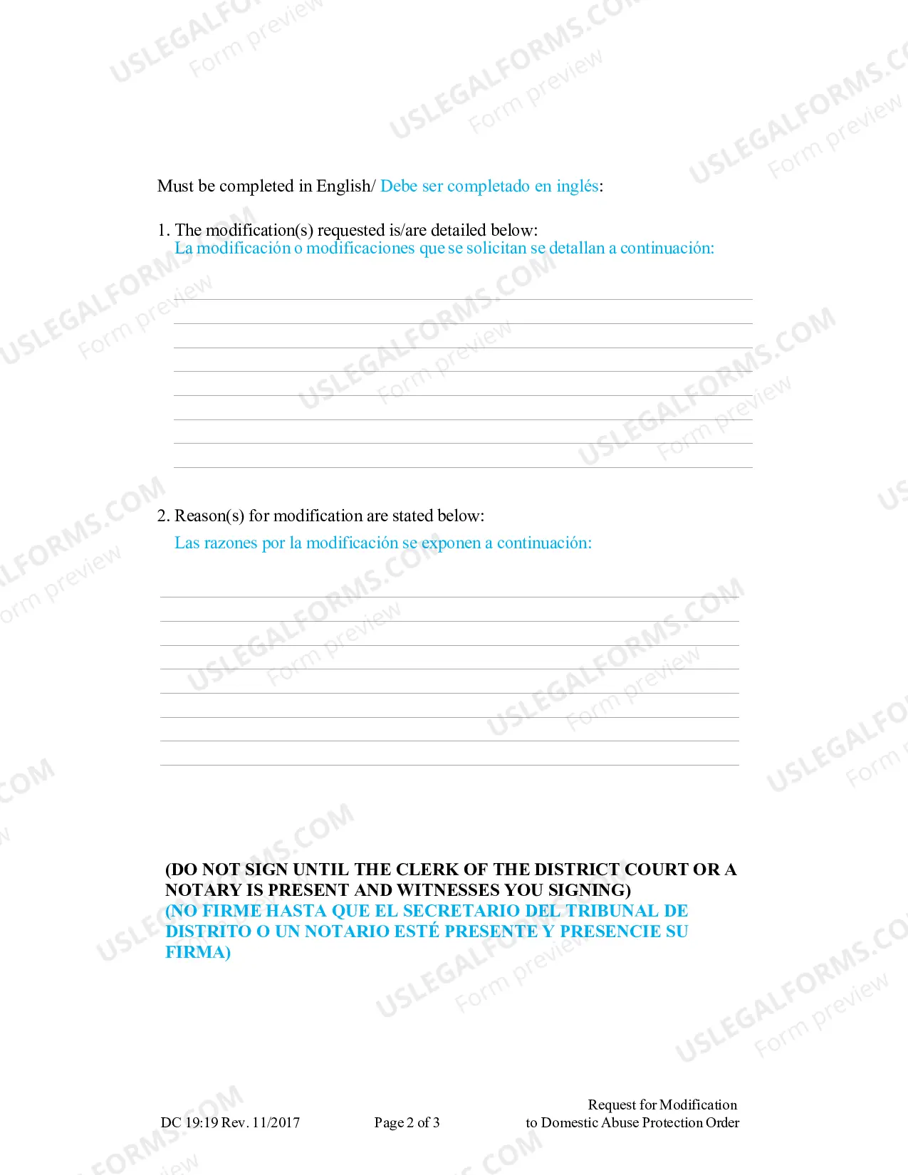 Preview Domestic Abuse, Request for Modification to Domestic Abuse Protection Order (Spanish)
