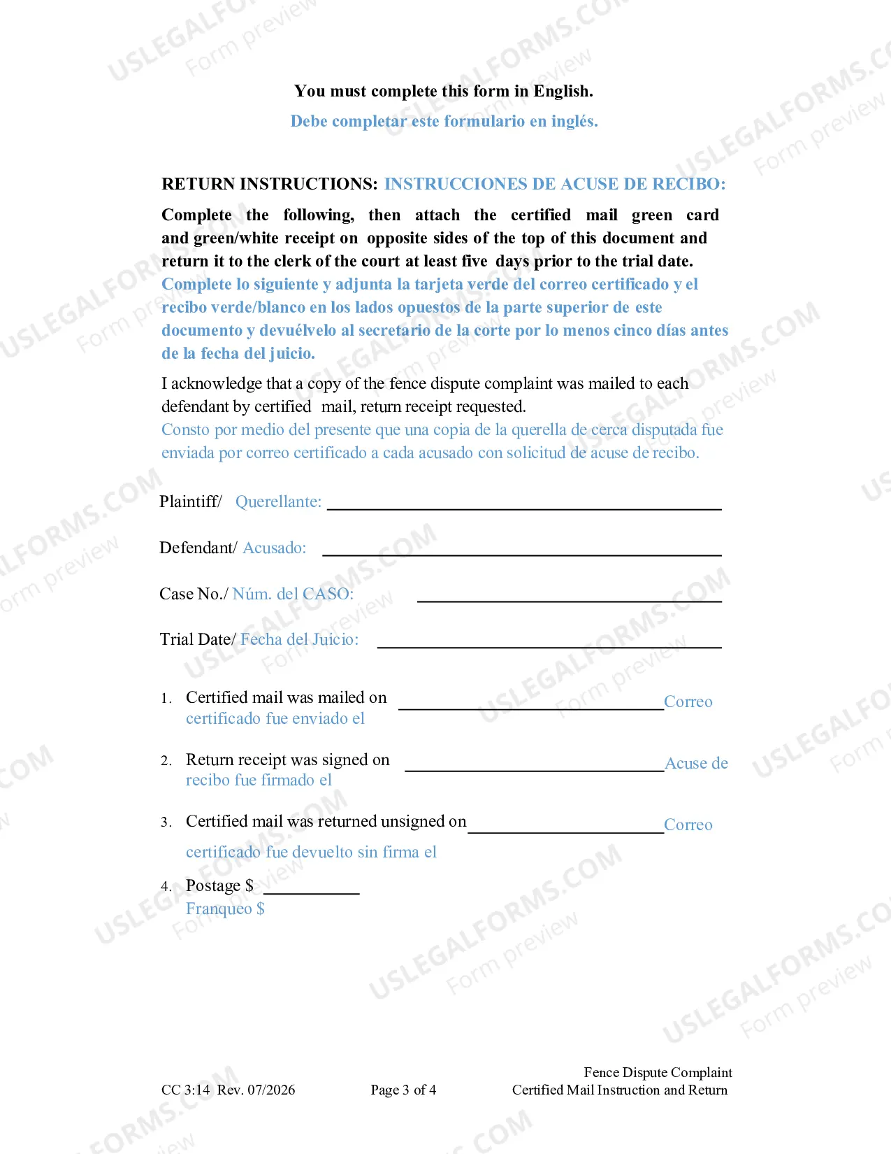 Preview Fence Dispute Complaint Certified Mail Instruction and Return