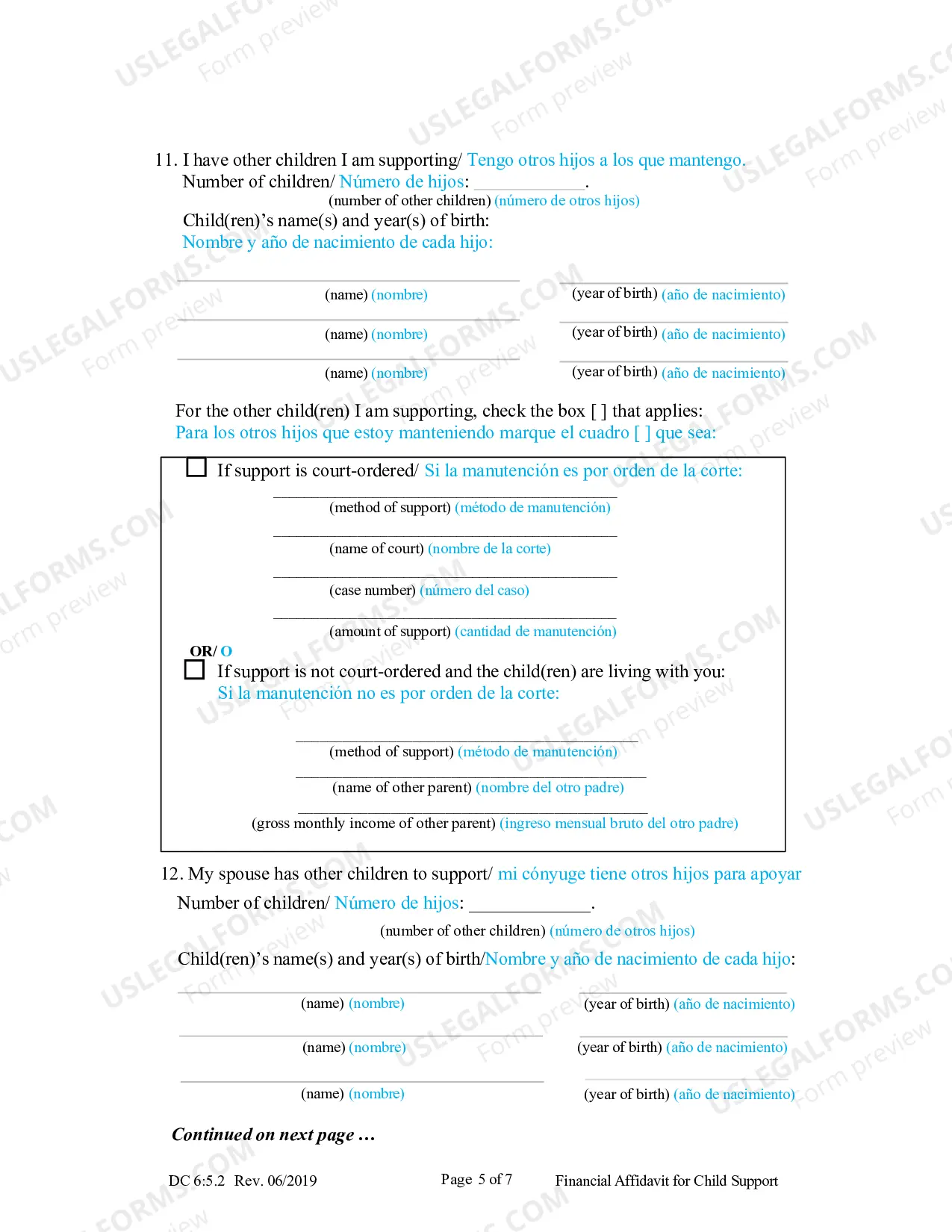 Preview Financial Affidavit for Child Support (Spanish)