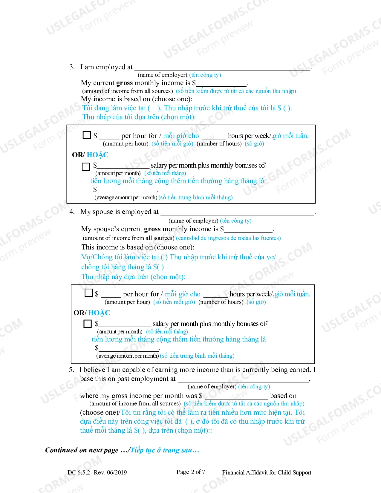 Preview Financial Affidavit for Child Support (Vietnamese)
