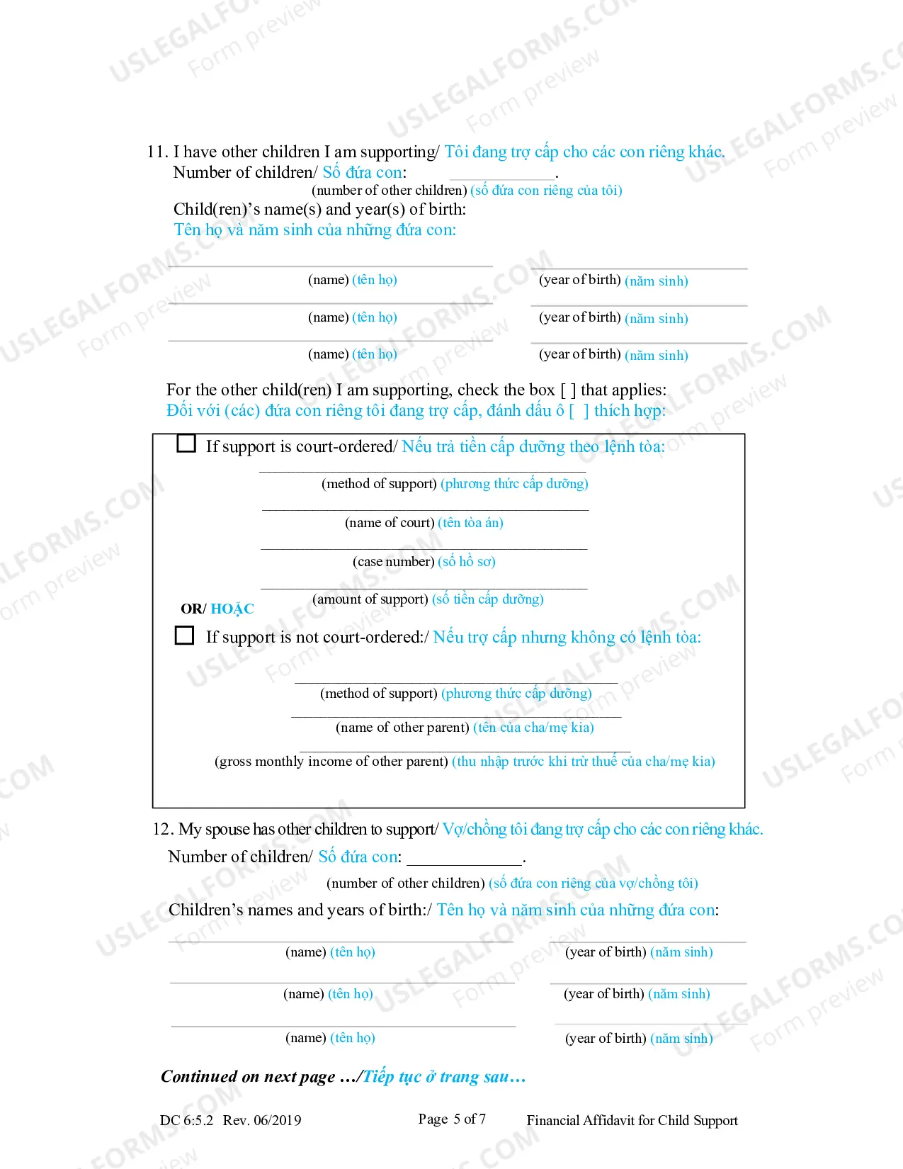 Preview Financial Affidavit for Child Support (Vietnamese)