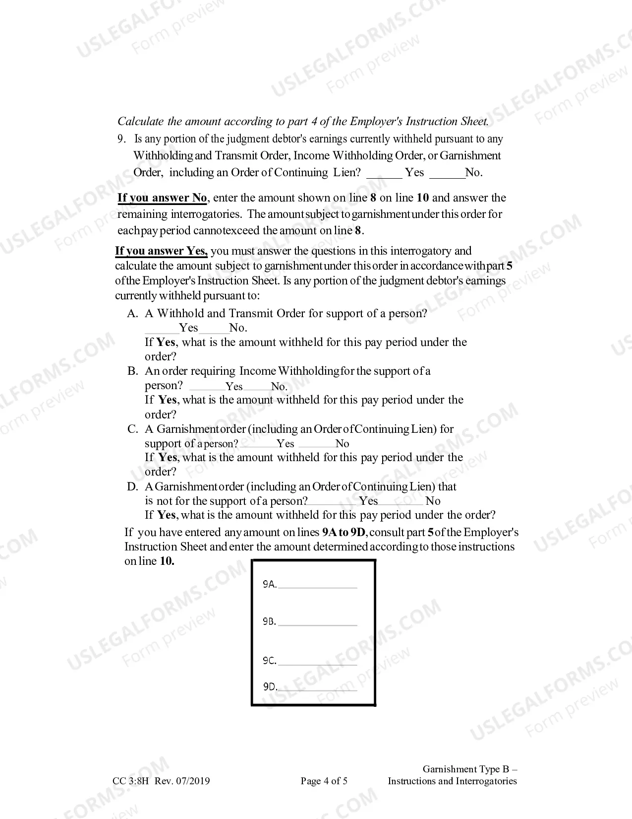 Preview Garnishment Type B - Instructions and Interrogatories