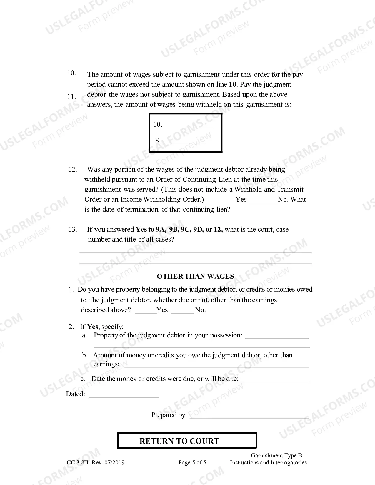 Preview Garnishment Type B - Instructions and Interrogatories