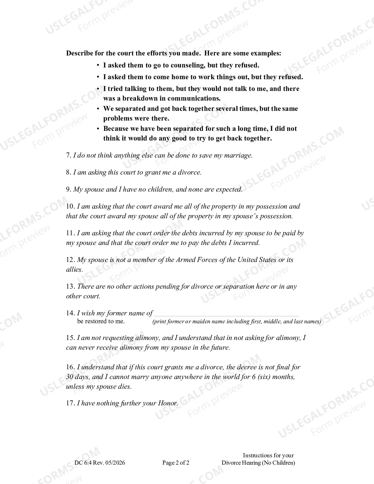 Preview Instructions for Divorce Hearing - No Children