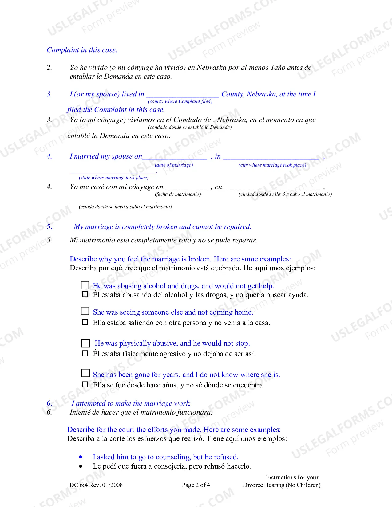 Preview Instructions for Divorce Hearing - No Children (Spanish)