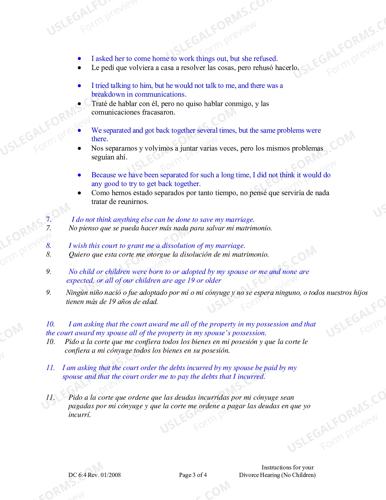 Preview Instructions for Divorce Hearing - No Children (Spanish)