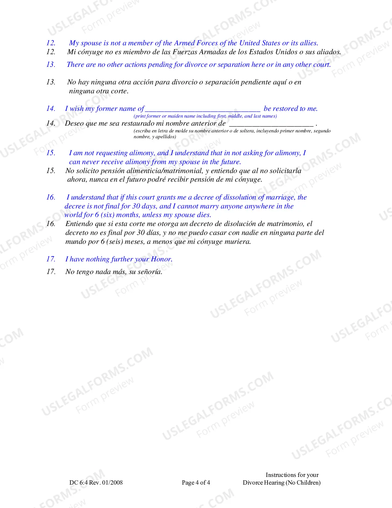 Preview Instructions for Divorce Hearing - No Children (Spanish)