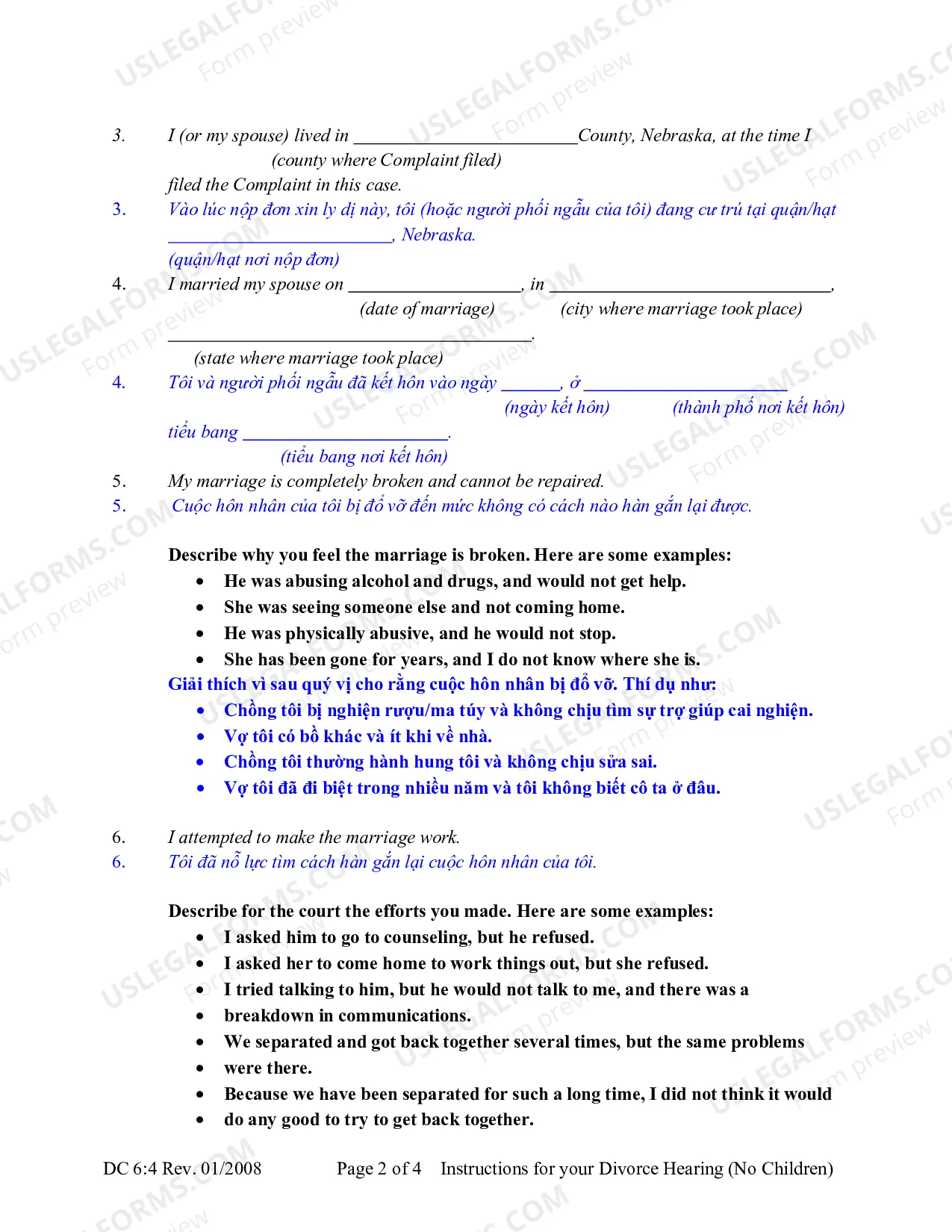 Preview Instructions for Divorce Hearing - No Children (Vietnamese)