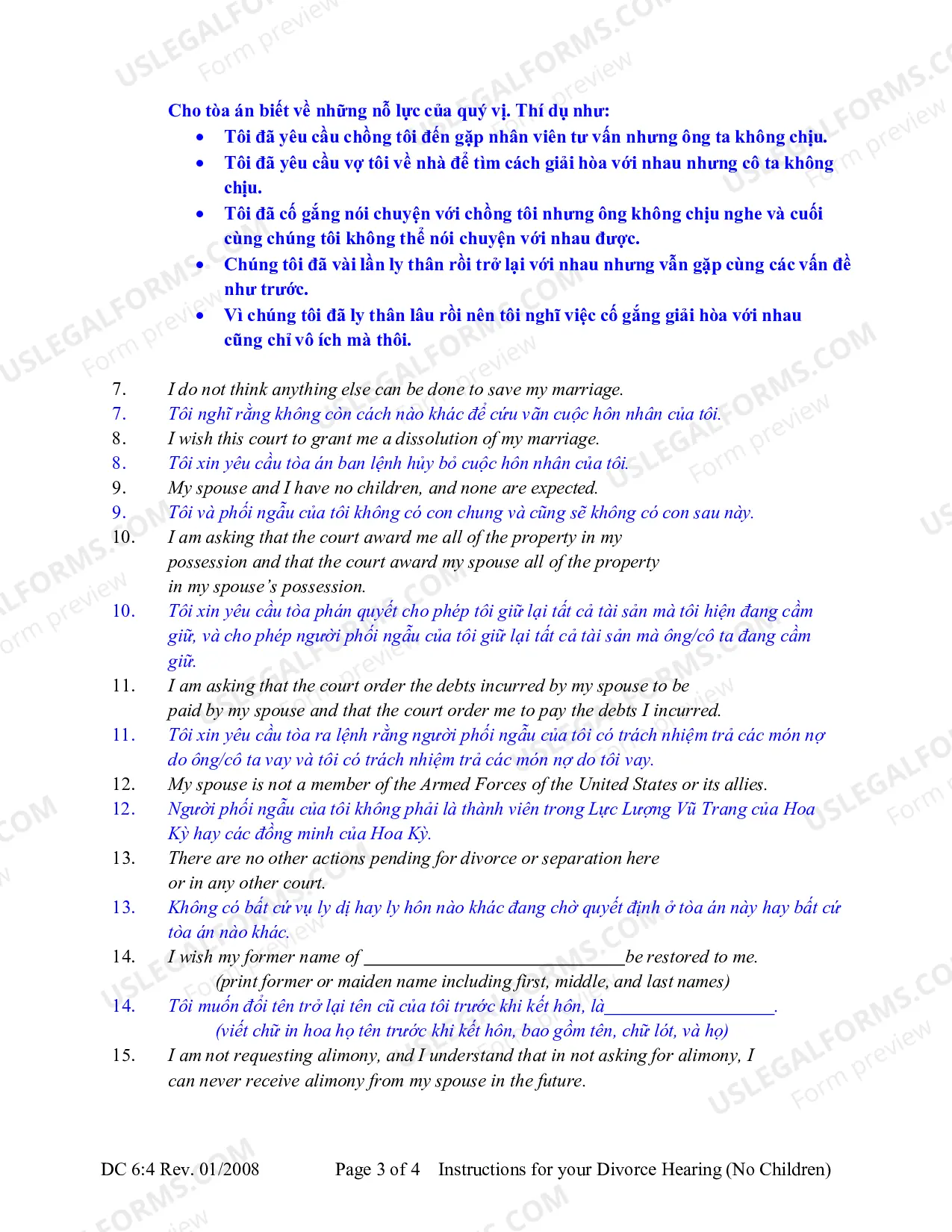 Preview Instructions for Divorce Hearing - No Children (Vietnamese)