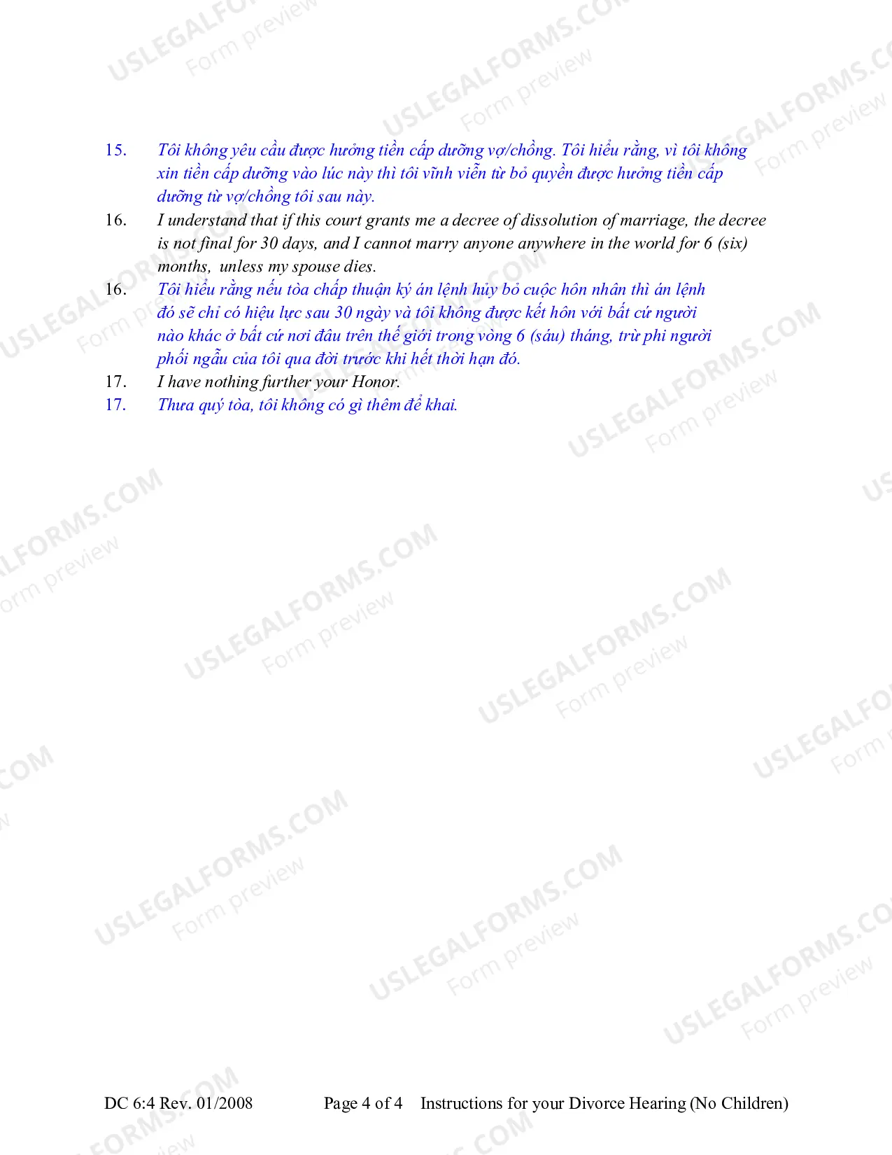 Preview Instructions for Divorce Hearing - No Children (Vietnamese)