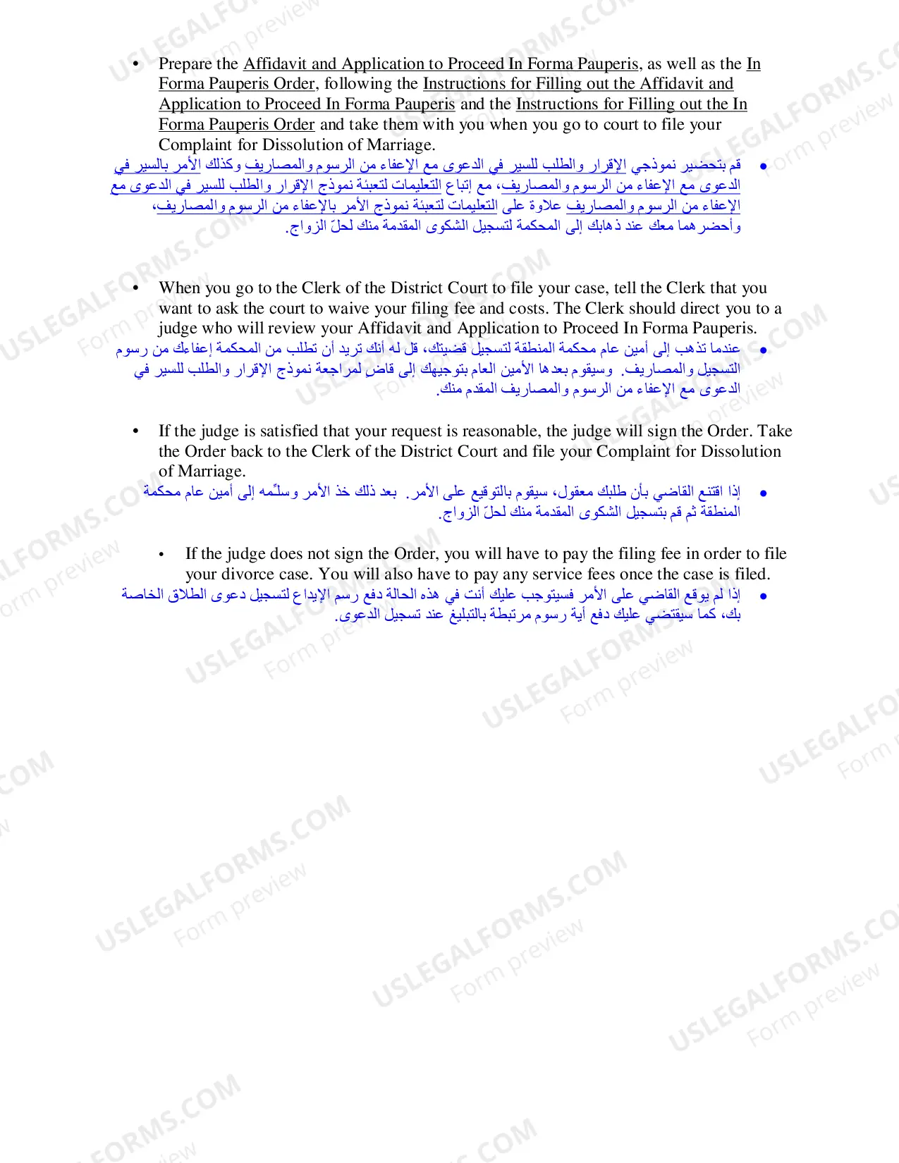 Preview Instructions for In Forma Pauperis (Divorce) (Arabic)