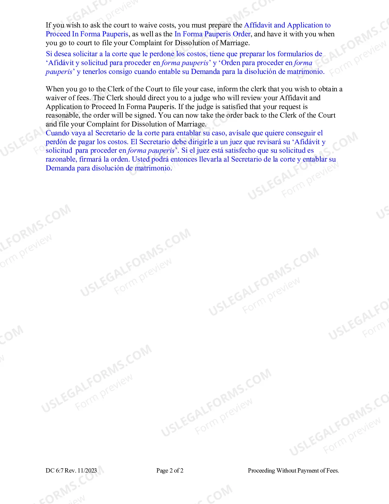 Preview Instructions for In Forma Pauperis (Divorce) (Spanish)