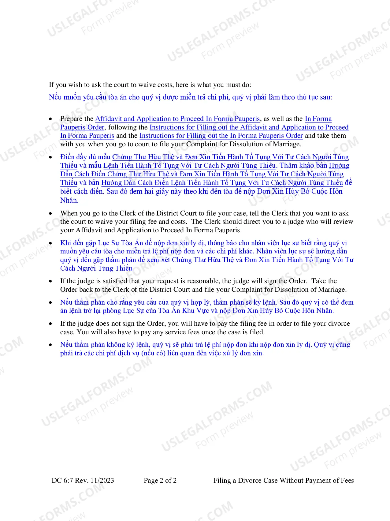 Preview Instructions for In Forma Pauperis (Divorce) (Vietnamese)