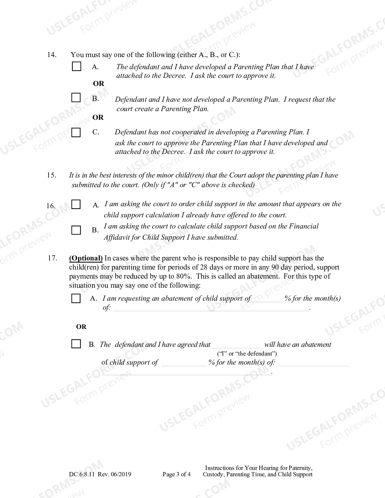 Preview Instructions for Your Hearing on the Complaint for Paternity, Custody, Parenting Time, and Child Support.