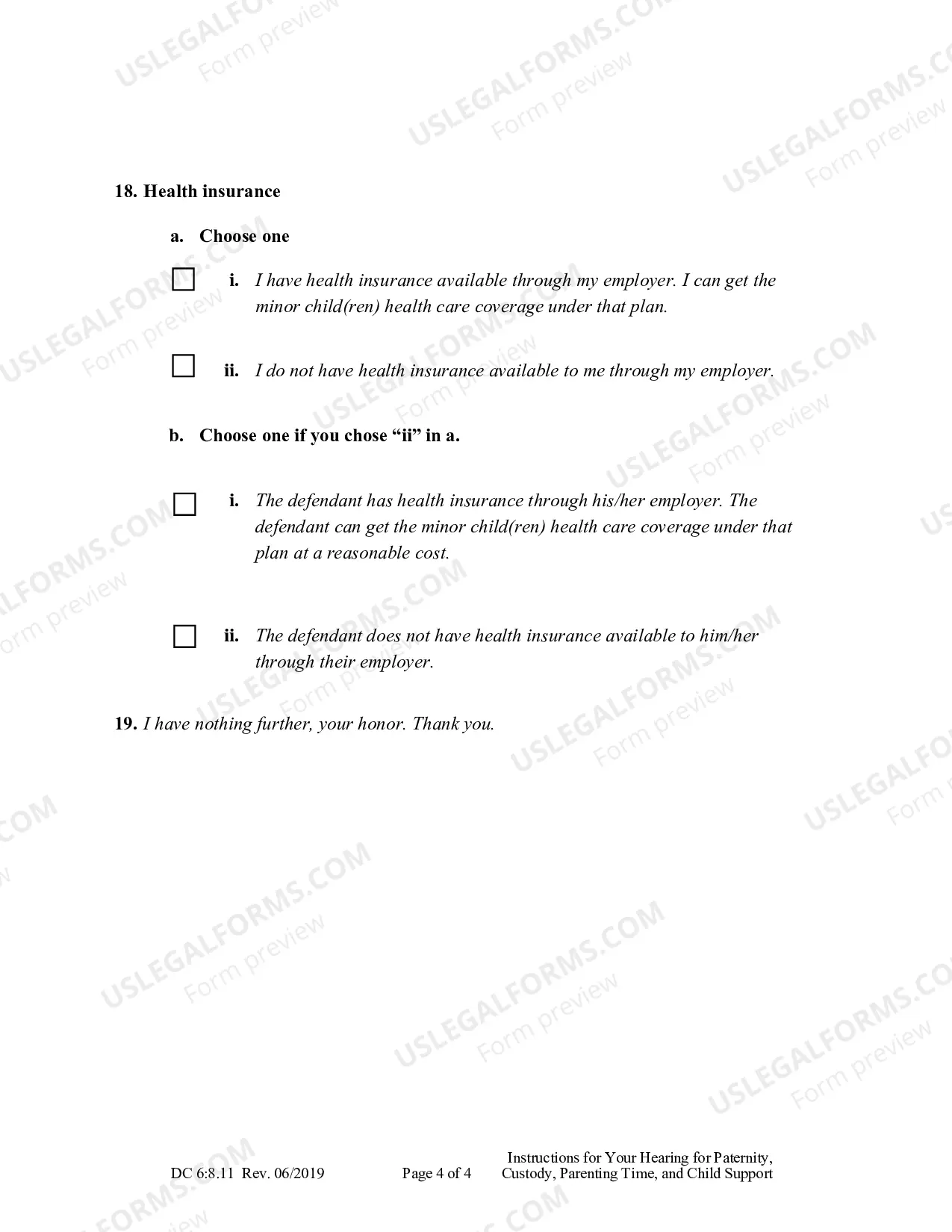 Preview Instructions for Your Hearing on the Complaint for Paternity, Custody, Parenting Time, and Child Support.