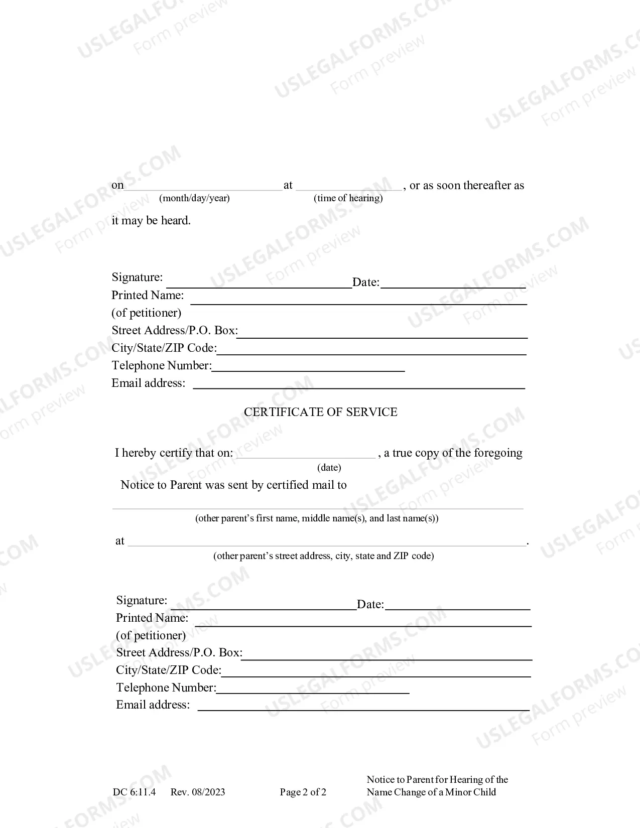 Preview Notice to Parent of Name Change for a Minor Child