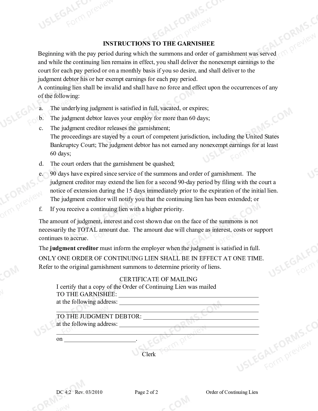 Preview Order of Continuing Lien