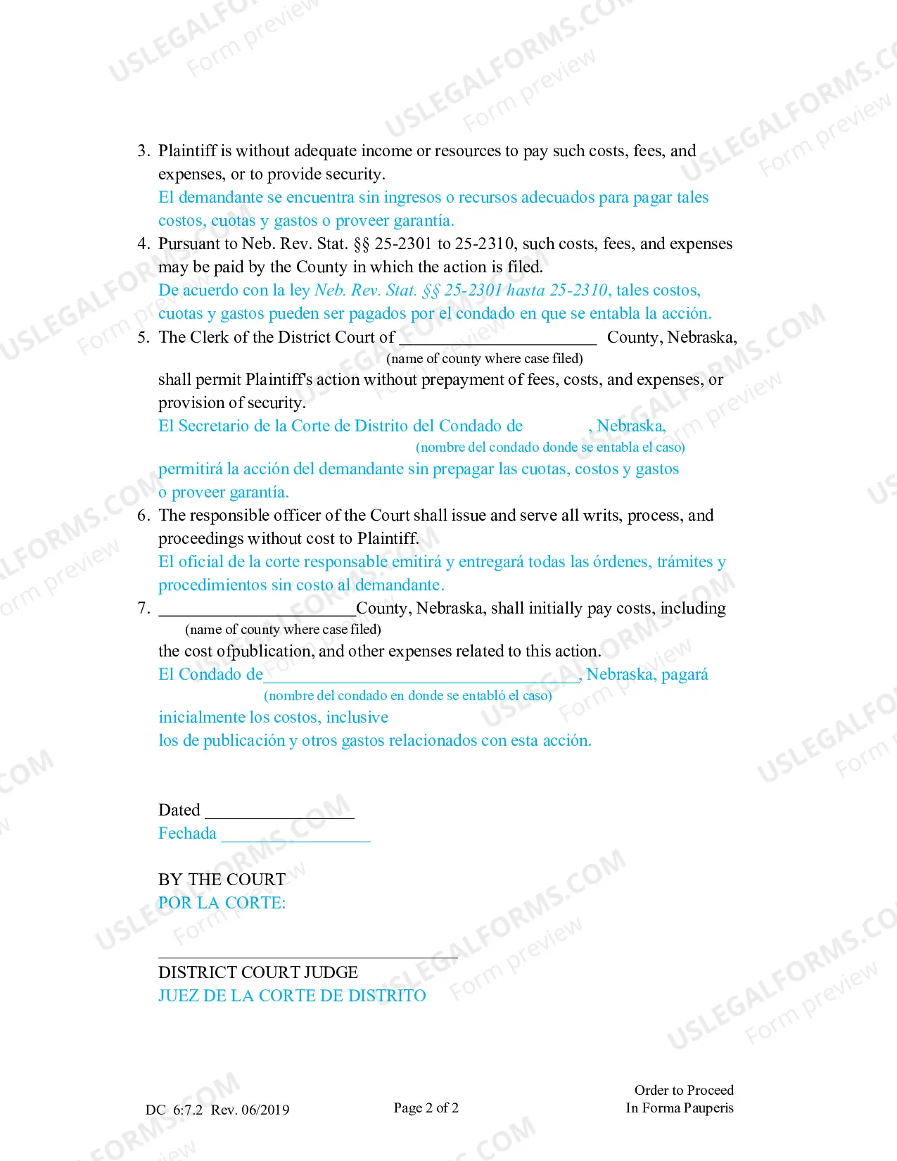 Preview Order to Proceed In Forma Pauperis (Spanish)