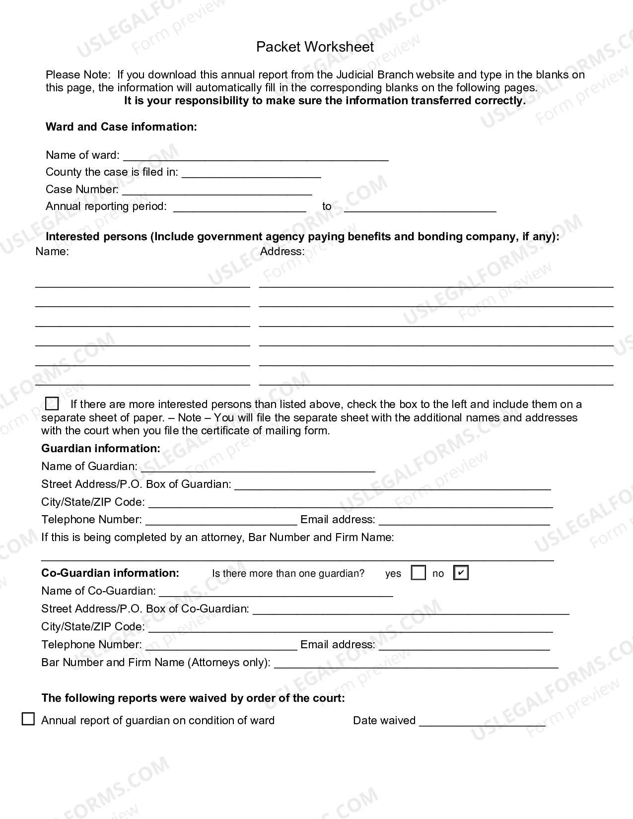 Preview Packet E (Guardianship with no Authority Over the Estate of the Ward Annual Reporting Forms)