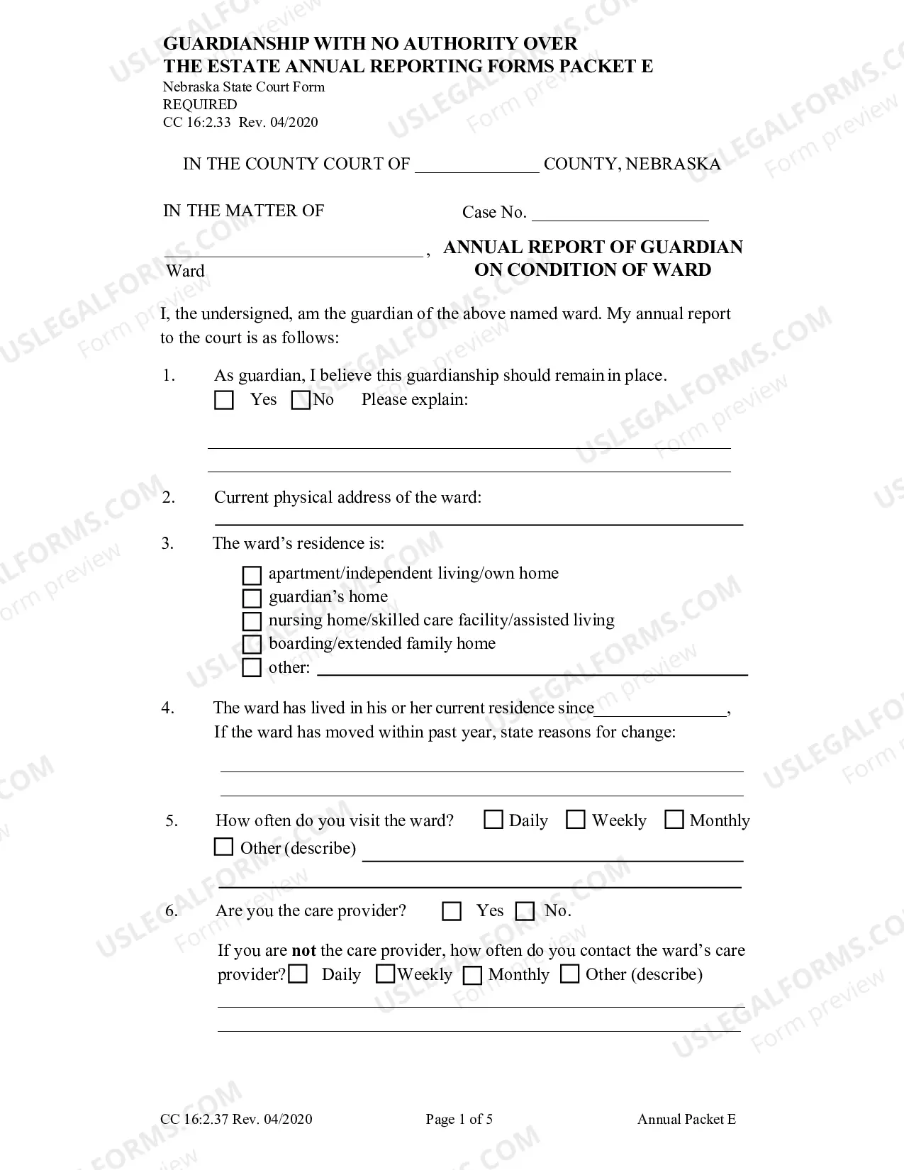 Preview Packet E (Guardianship with no Authority Over the Estate of the Ward Annual Reporting Forms)