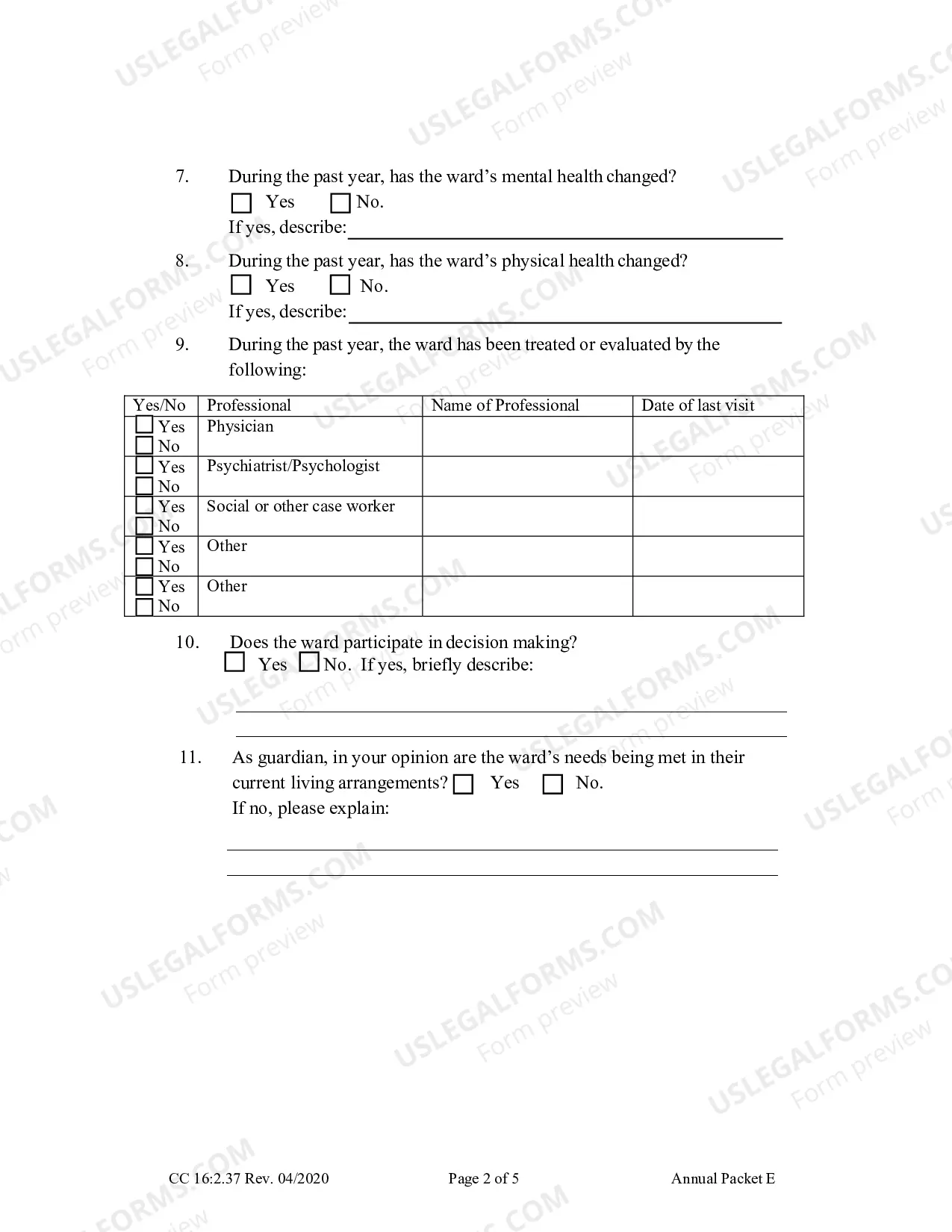 Preview Packet E (Guardianship with no Authority Over the Estate of the Ward Annual Reporting Forms)