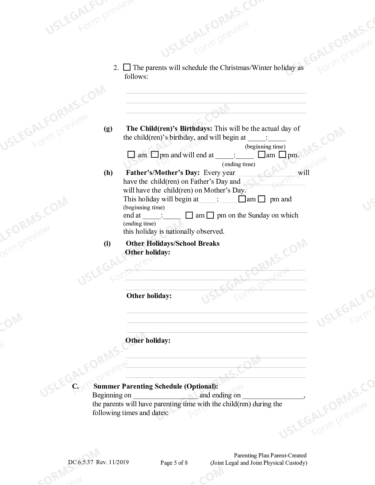 Preview Parenting Plan Parent-Created (Joint Legal and Joint Physical Custody)