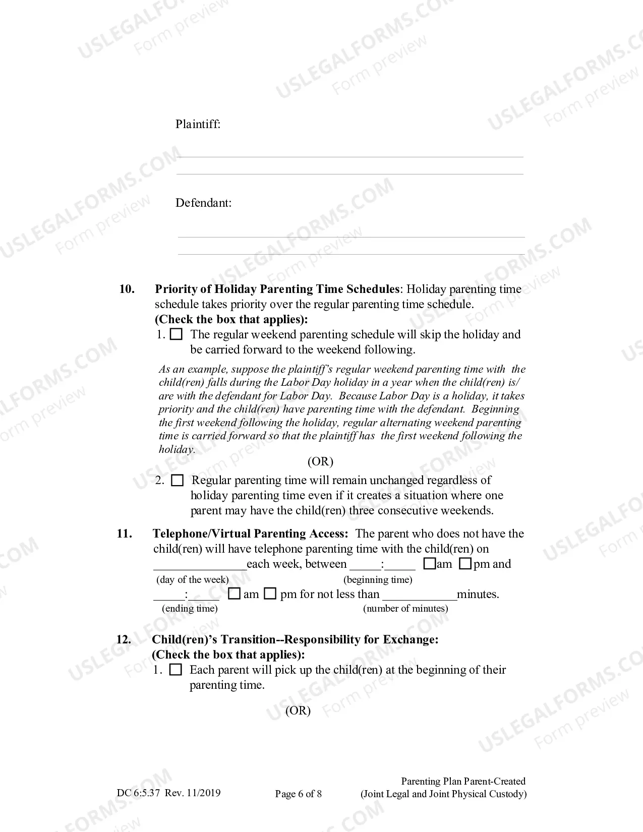 Preview Parenting Plan Parent-Created (Joint Legal and Joint Physical Custody)
