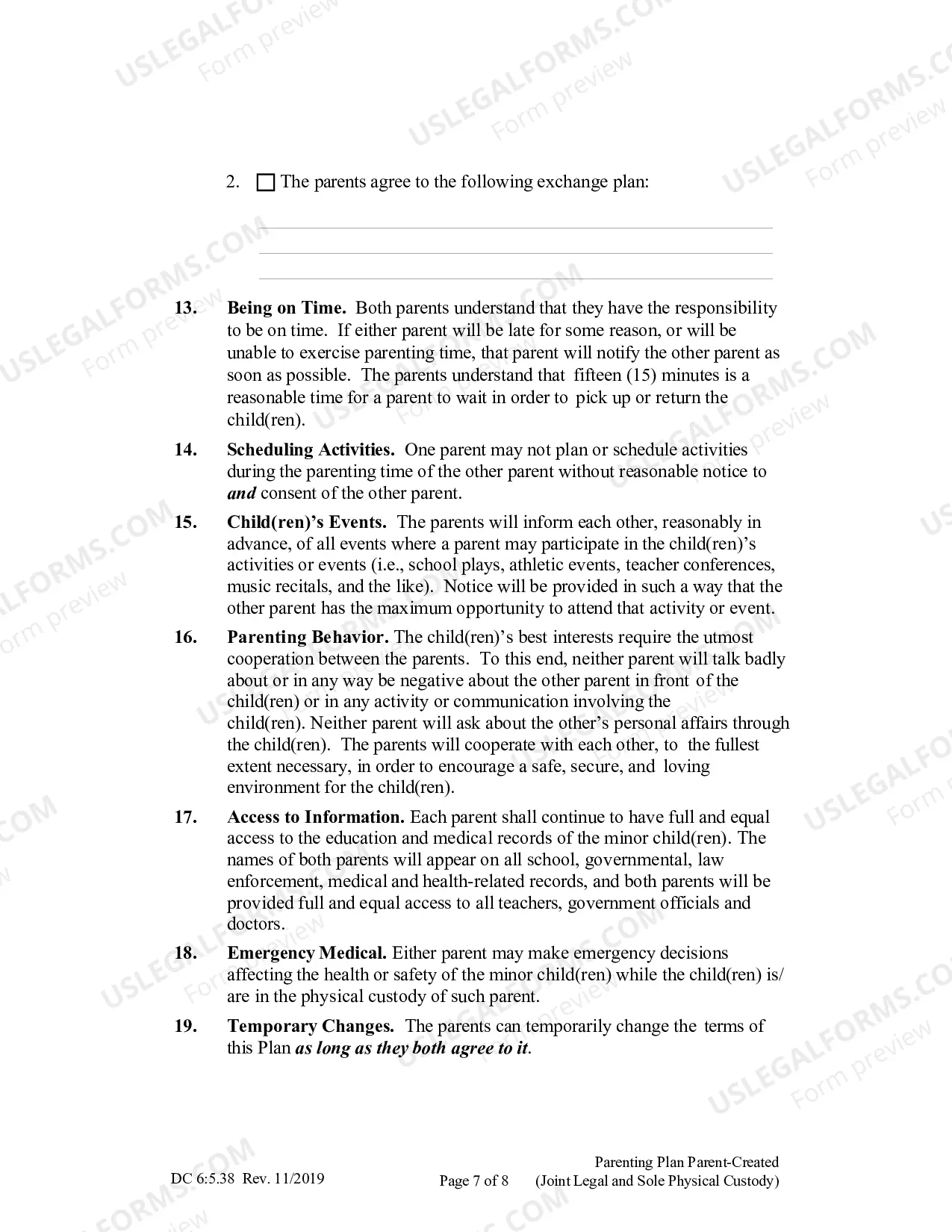 Preview Parenting Plan Parent-Created (Joint Legal and Sole Physical Custody)