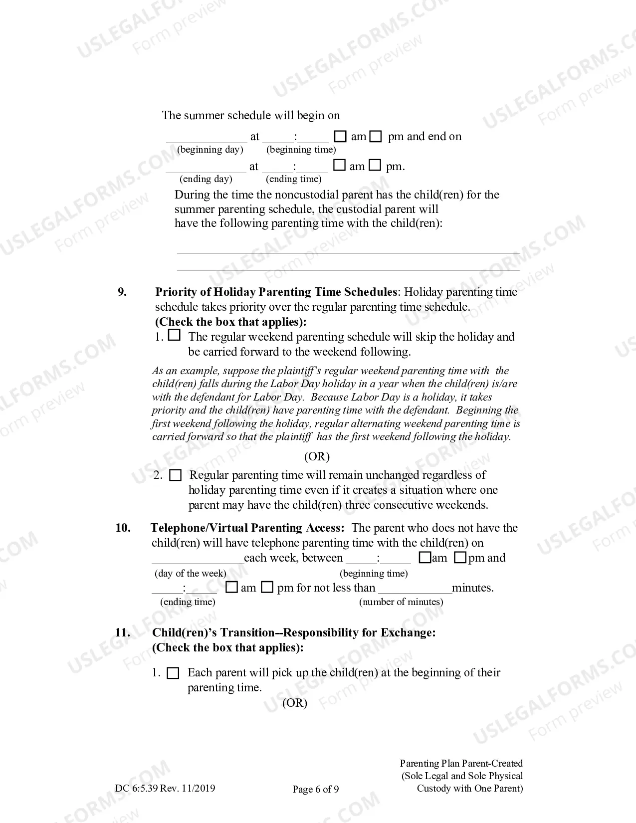 Preview Parenting Plan Parent-Created (Sole Legal and Sole Physical Custody with One Parent)