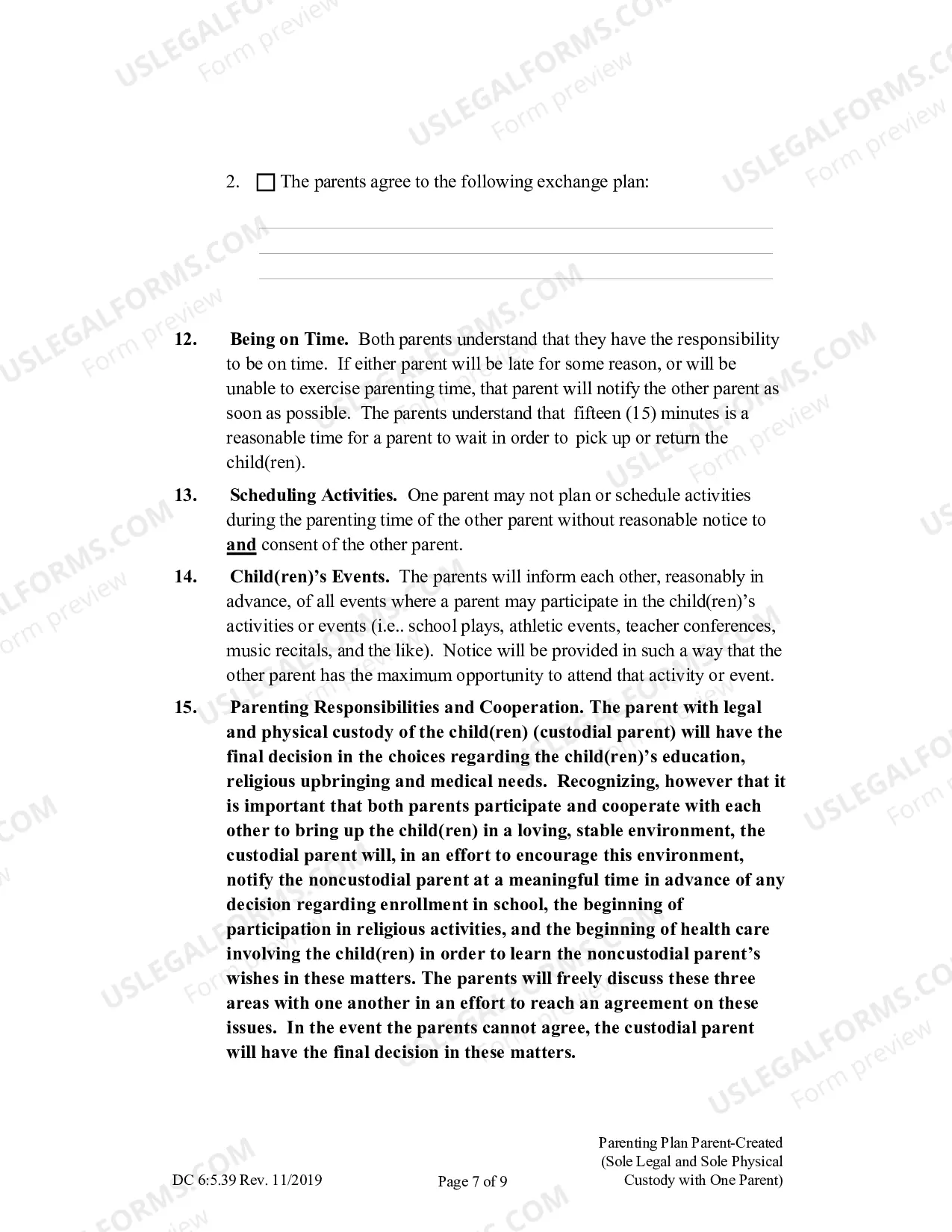 Preview Parenting Plan Parent-Created (Sole Legal and Sole Physical Custody with One Parent)