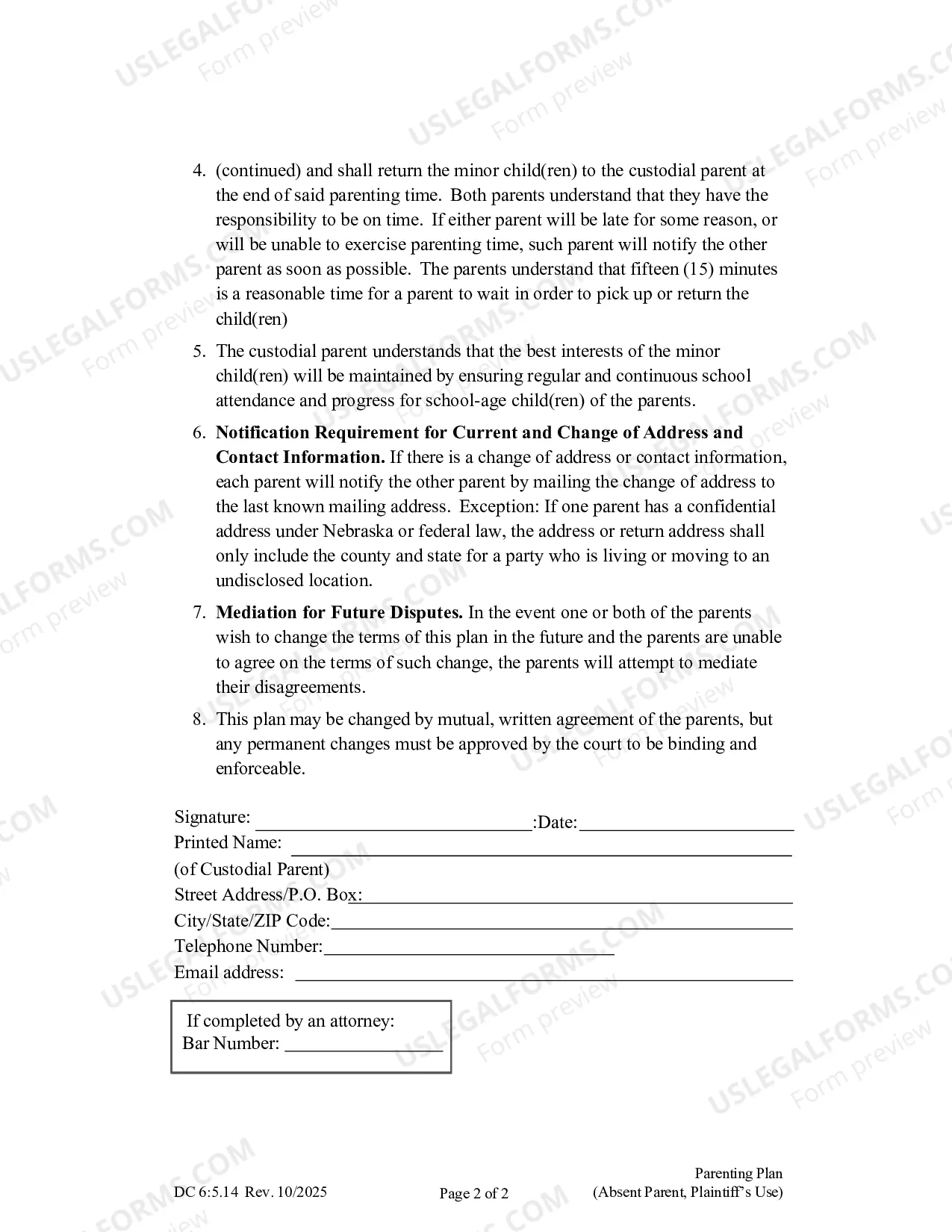 Preview Parenting Plan, Absent Parent, Plaintiff's Use
