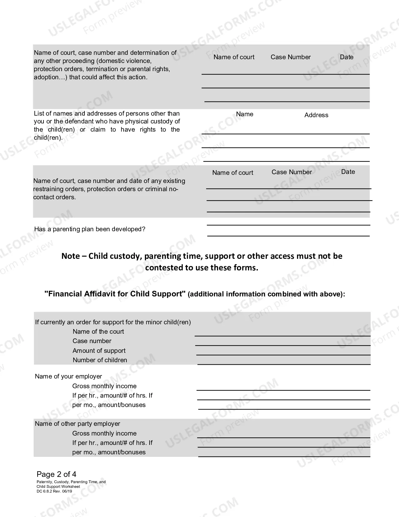 Preview Paternity, Custody, Parenting Time and Child Support Worksheet