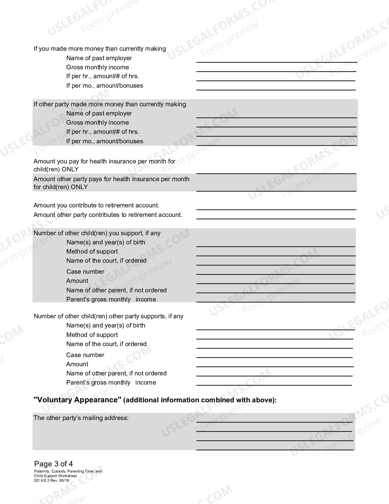 Preview Paternity, Custody, Parenting Time and Child Support Worksheet