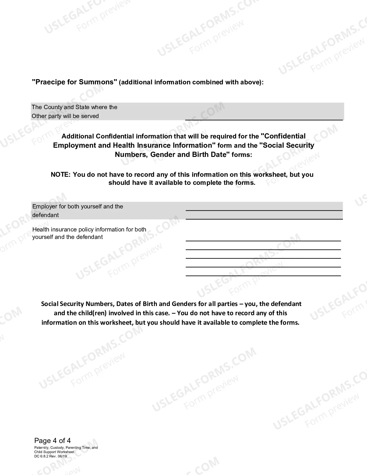 Preview Paternity, Custody, Parenting Time and Child Support Worksheet
