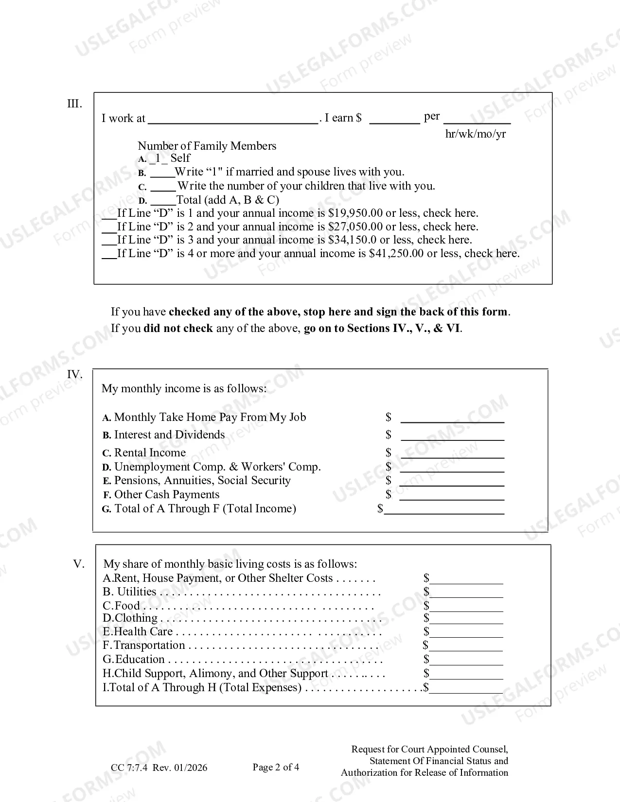 Preview Request for Court Appointed Lawyer, Statement of Financial Status, and Authorization for Release of Information in Custodial Sanction Cases