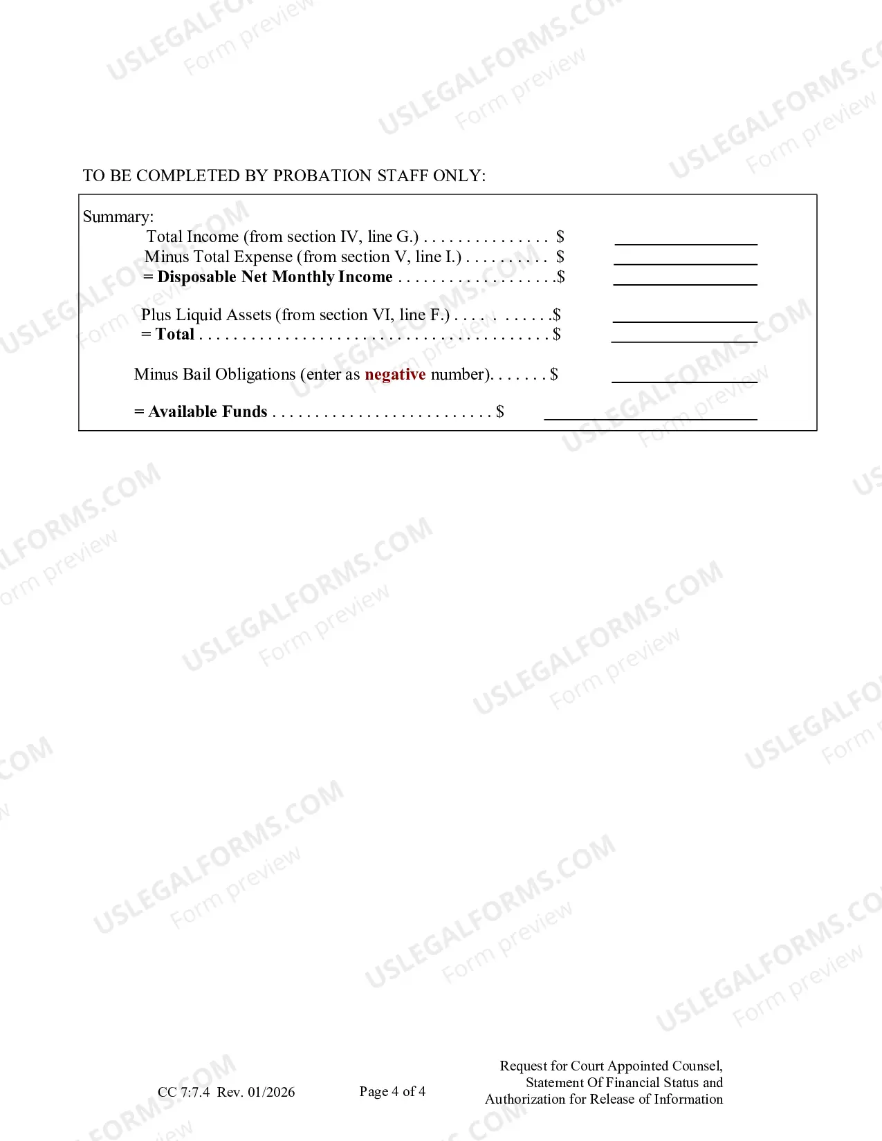Preview Request for Court Appointed Lawyer, Statement of Financial Status, and Authorization for Release of Information in Custodial Sanction Cases