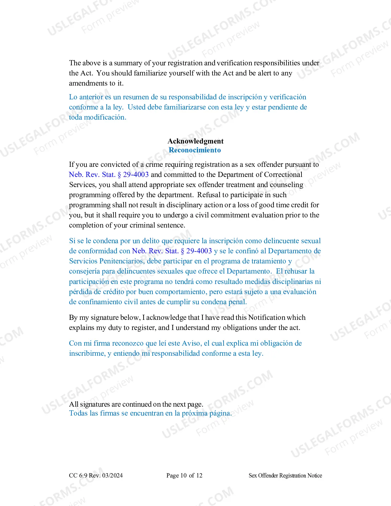 Preview Sex Offender Registration Form (Spanish)