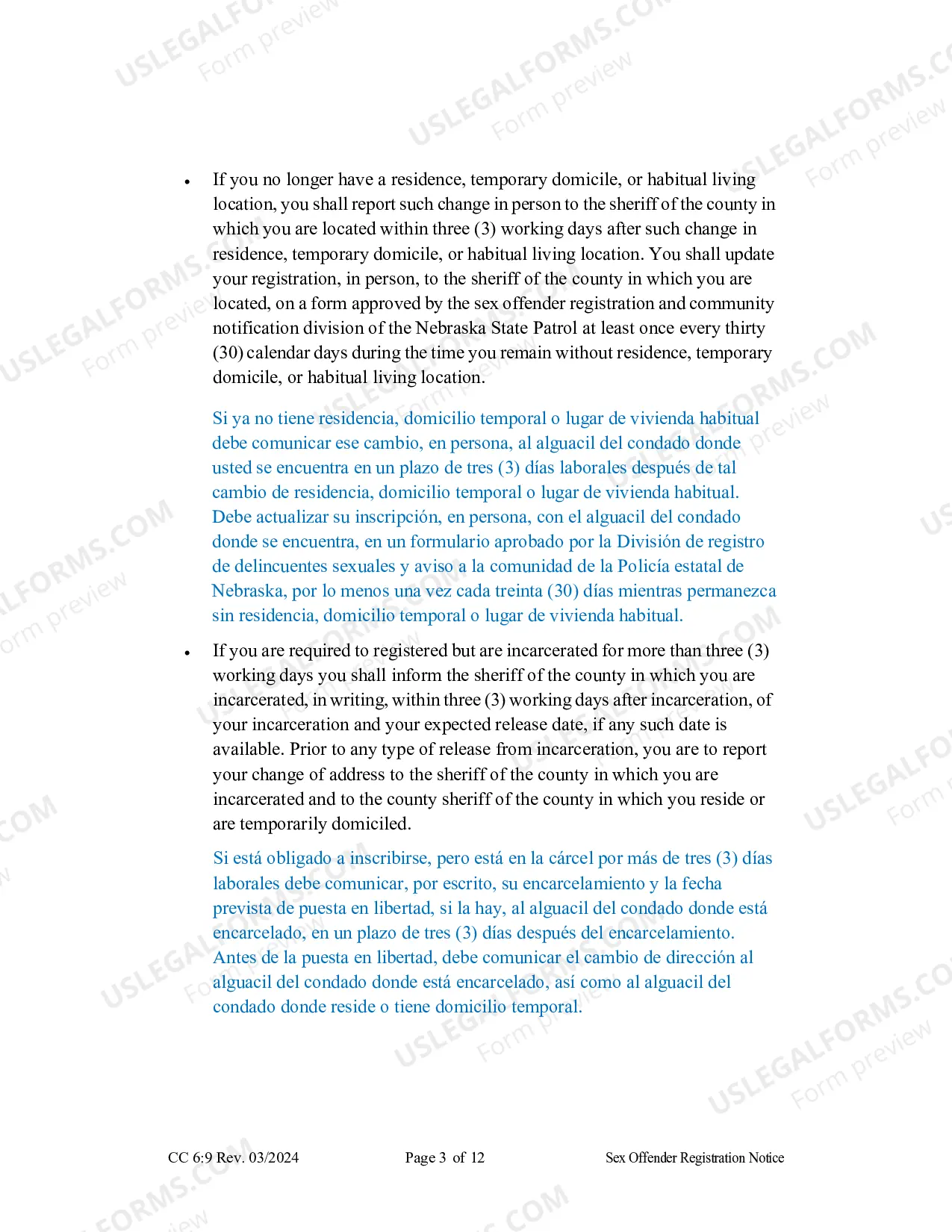 Preview Sex Offender Registration Form (Spanish)
