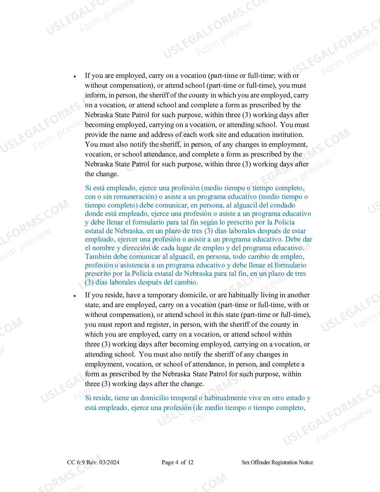 Preview Sex Offender Registration Form (Spanish)