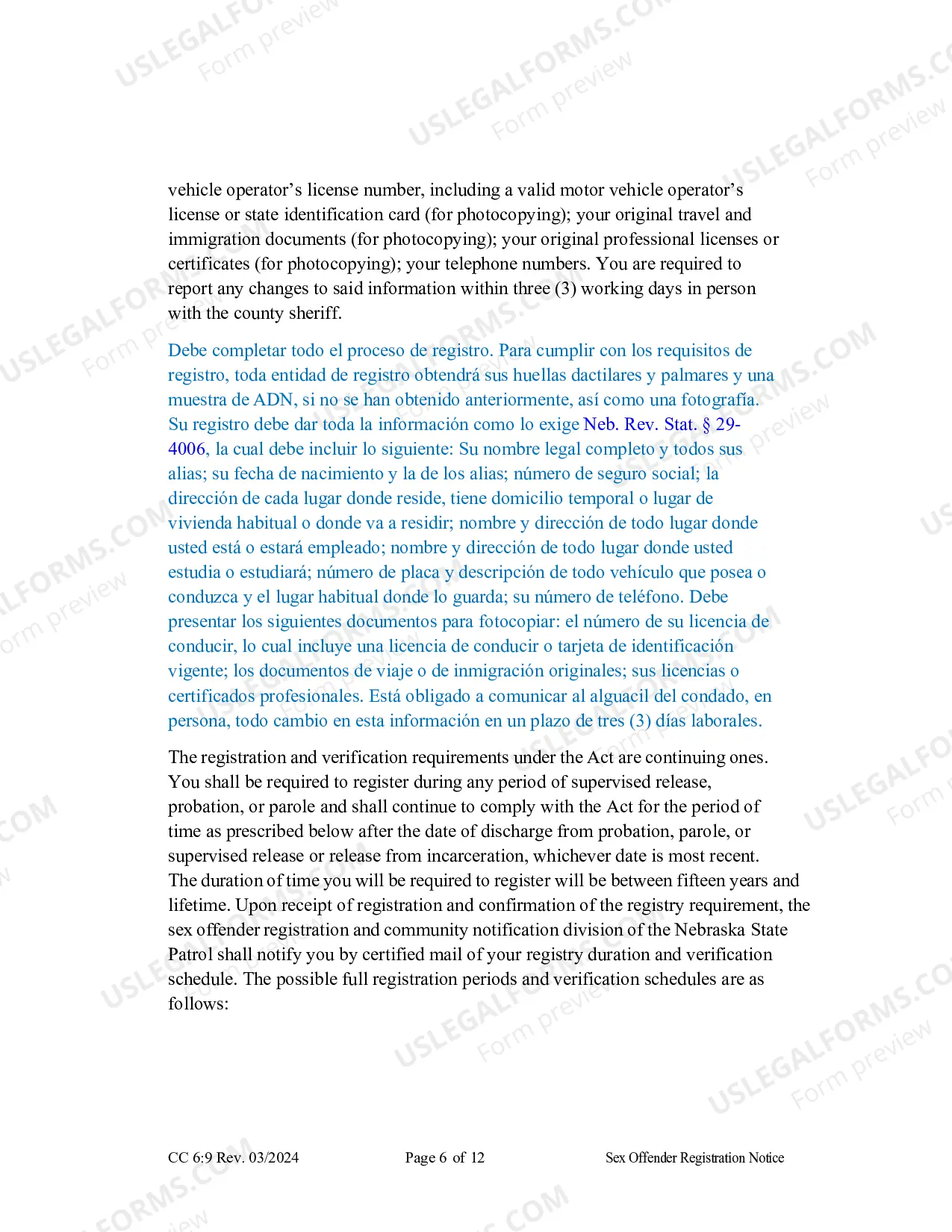 Preview Sex Offender Registration Form (Spanish)