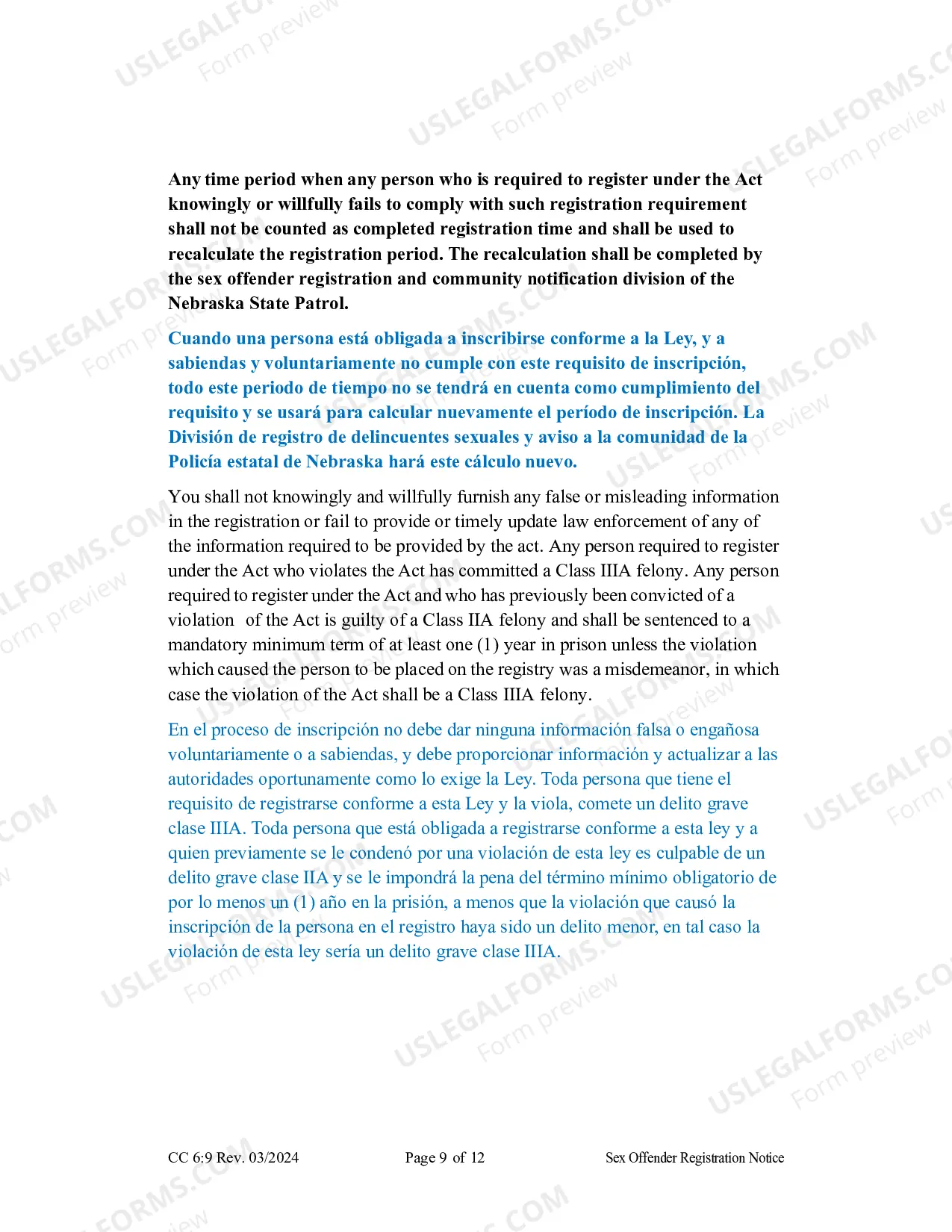 Preview Sex Offender Registration Form (Spanish)