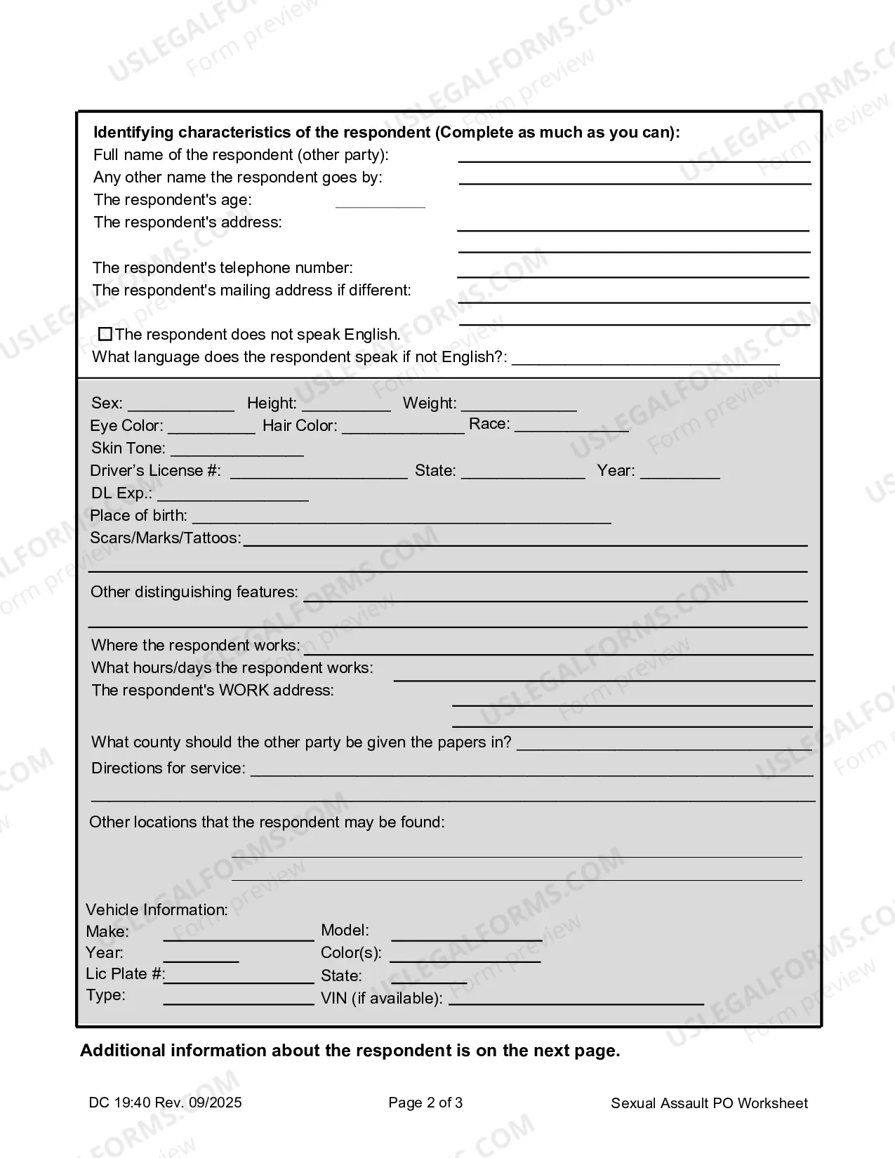 Preview Sexual Assault, Worksheet, Information Worksheet for Sexual Assault Protection Order