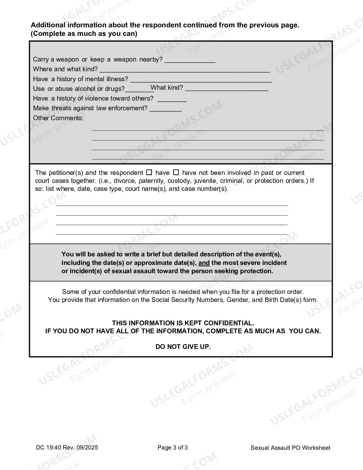 Preview Sexual Assault, Worksheet, Information Worksheet for Sexual Assault Protection Order