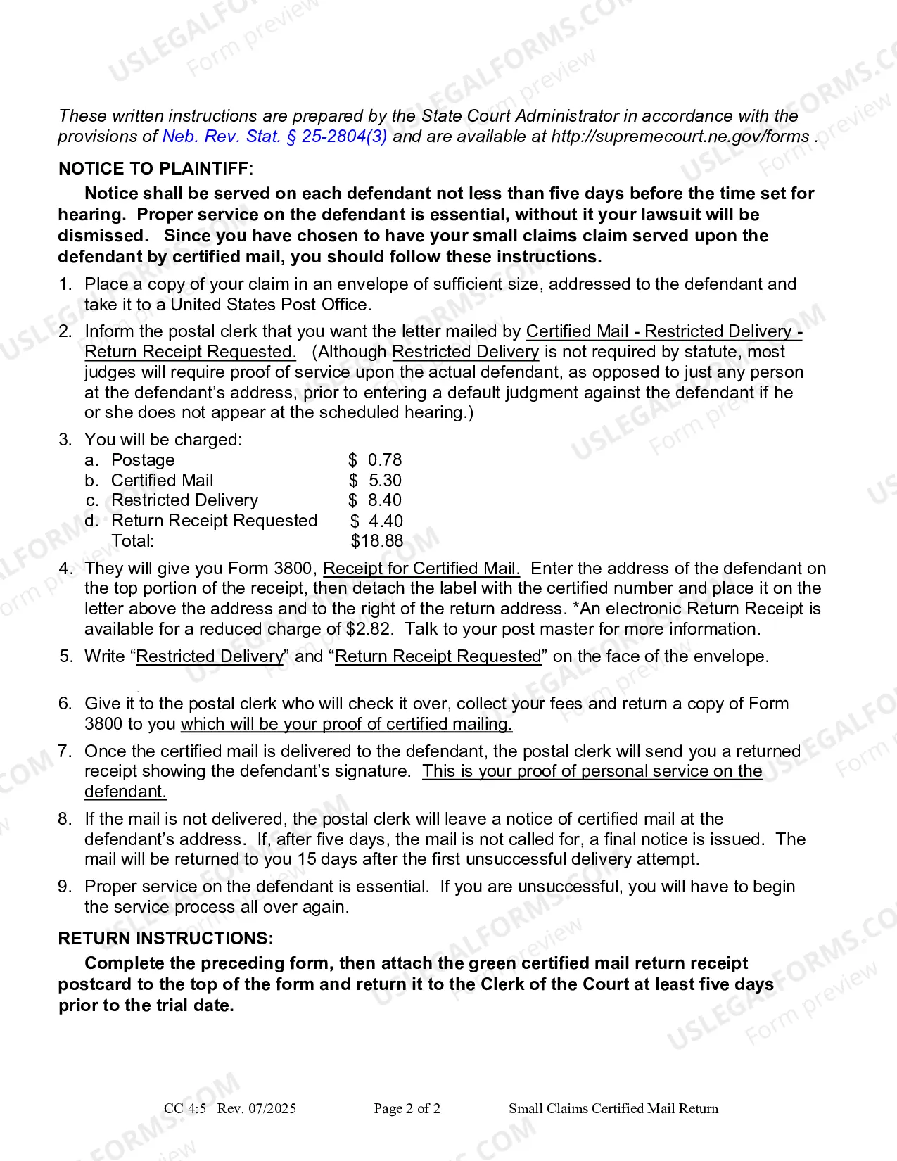 Preview Small Claims Certified Mail Instruction and Return