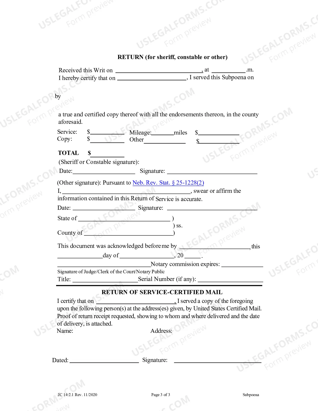 Preview Subpoena (when issued pursuant to Neb. Rev. Stat. Sec. 25-1223(5) at the request of a state agency or a party allowed to proceed in forma pauperis)