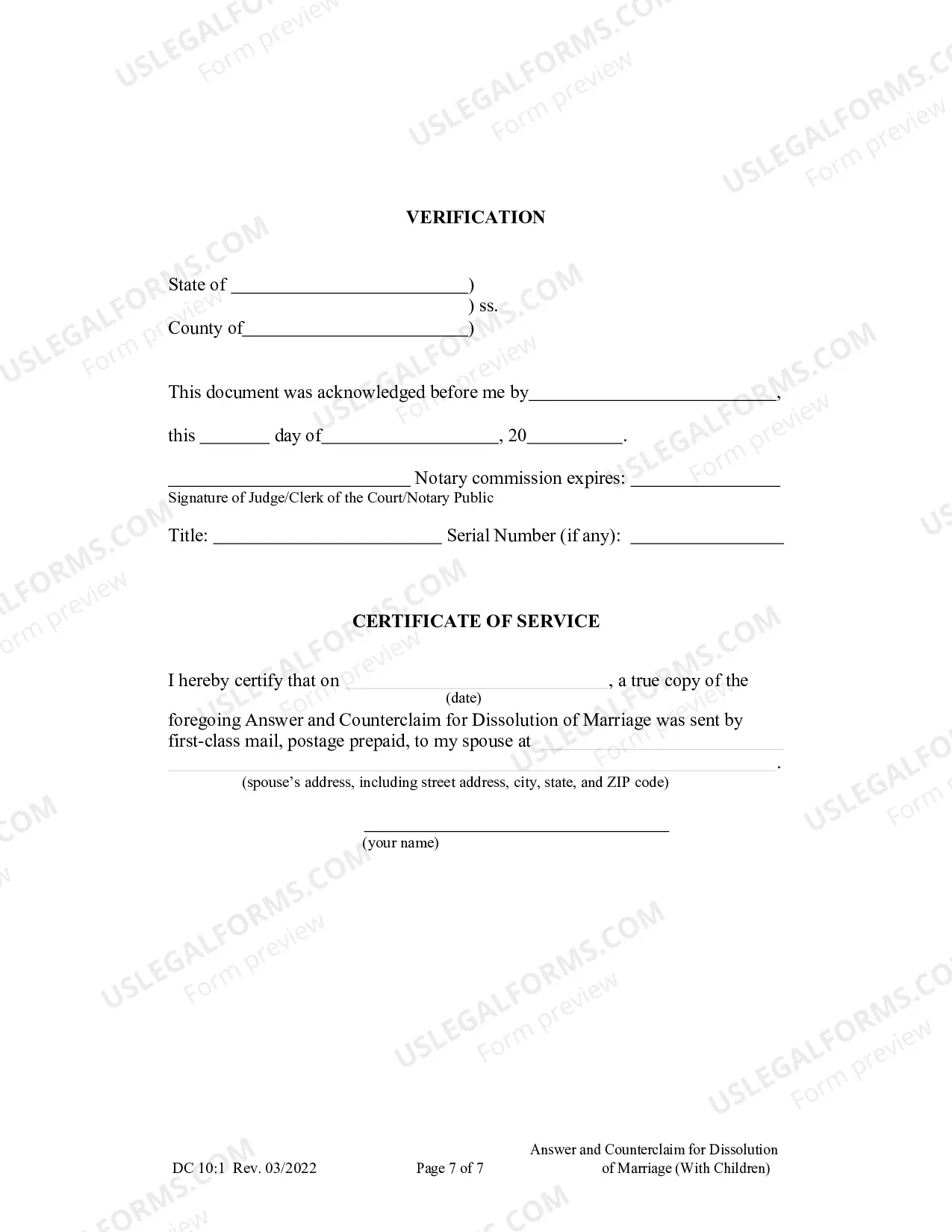Preview Answer And Counterclaim For Dissolution of Marriage (Children)